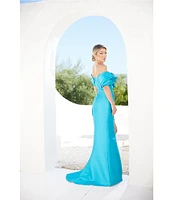 Terani Couture Mikado Ruffle Off the Shoulder Bow Front Short Sleeve Mermaid Gown