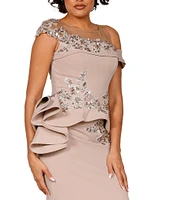 Terani Couture Off-the-Shoulder Bodice Applique Ruffled Peplum Gown