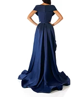 Terani Couture Off-the-Shoulder Cap Sleeve Feather Waist Ball Gown