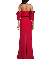 Terani Couture Off-The-Shoulder Draped Short Sleeves Matte Satin Column Gown