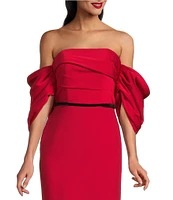 Terani Couture Off-The-Shoulder Draped Short Sleeves Matte Satin Column Gown