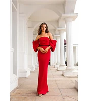 Terani Couture Off-The-Shoulder Draped Short Sleeves Matte Satin Column Gown