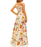 Terani Couture Off-The-Shoulder Floral Print Satin A-line Gown