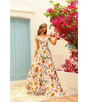 Terani Couture Off-The-Shoulder Floral Print Satin A-line Gown