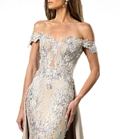 Terani Couture Off The Shoulder Lace Mermaid Gown With Over Skirt