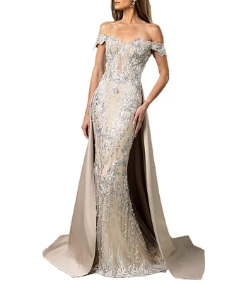 Terani Couture Off The Shoulder Lace Mermaid Gown With Over Skirt