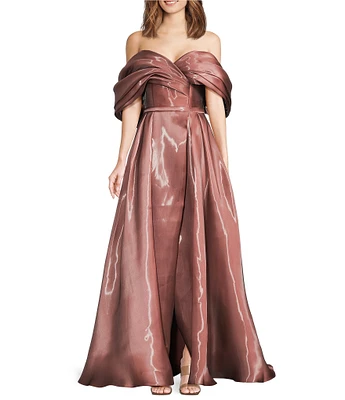 Terani Couture Off-The-Shoulder Pleated Short Sleeve Shimmer Organza A-Line Gown