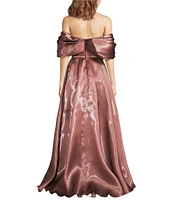 Terani Couture Off-The-Shoulder Pleated Short Sleeve Shimmer Organza A-Line Gown
