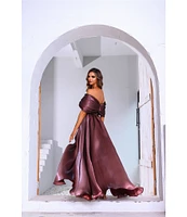 Terani Couture Off-The-Shoulder Pleated Short Sleeve Shimmer Organza A-Line Gown