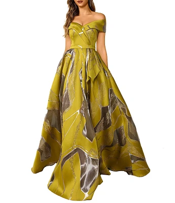 Terani Couture Off-The-Shoulder Printed Burn Out Chiffon Ballgown