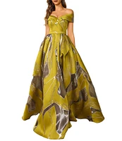 Terani Couture Off-The-Shoulder Printed Burn Out Chiffon Ballgown