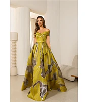 Terani Couture Off-The-Shoulder Printed Burn Out Chiffon Ballgown
