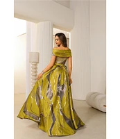 Terani Couture Off-The-Shoulder Printed Burn Out Chiffon Ballgown