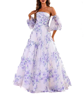 Terani Couture Off-The-Shoulder Puff Sleeve Floral Print Organza Ballgown