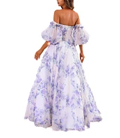 Terani Couture Off-The-Shoulder Puff Sleeve Floral Print Organza Ballgown