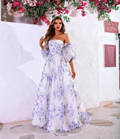 Terani Couture Off-The-Shoulder Puff Sleeve Floral Print Organza Ballgown