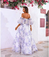 Terani Couture Off-The-Shoulder Puff Sleeve Floral Print Organza Ballgown