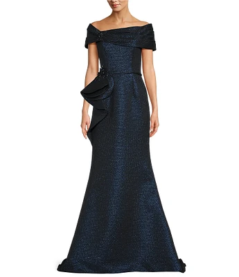 Terani Couture Off-The-Shoulder Ruffle Front Metallic Jacquard Mermaid Gown