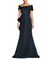 Terani Couture Off-The-Shoulder Ruffle Front Metallic Jacquard Mermaid Gown