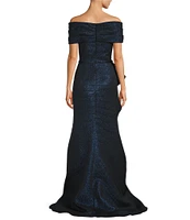 Terani Couture Off-The-Shoulder Ruffle Front Metallic Jacquard Mermaid Gown