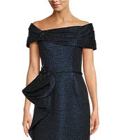 Terani Couture Off-The-Shoulder Ruffle Front Metallic Jacquard Mermaid Gown