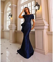 Terani Couture Off-The-Shoulder Ruffle Front Metallic Jacquard Mermaid Gown