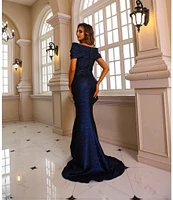 Terani Couture Off-The-Shoulder Ruffle Front Metallic Jacquard Mermaid Gown