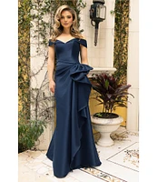 Terani Couture Off-the-Shoulder Ruffle Front Mikado Gown