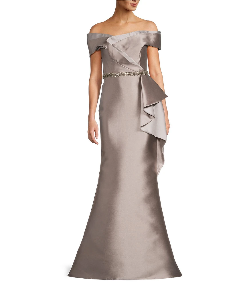 Terani Couture Off-The-Shoulder Ruffle Front Mikado Sheath Gown