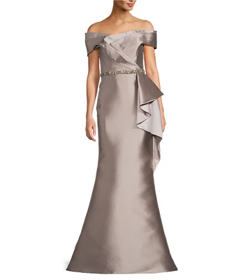 Terani Couture Off-The-Shoulder Ruffle Front Mikado Sheath Gown