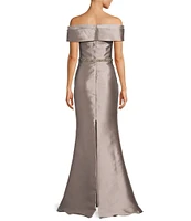 Terani Couture Off-The-Shoulder Ruffle Front Mikado Sheath Gown
