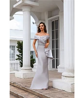 Terani Couture Off-The-Shoulder Ruffle Front Mikado Sheath Gown