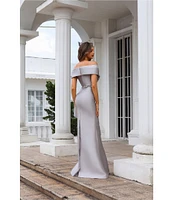 Terani Couture Off-The-Shoulder Ruffle Front Mikado Sheath Gown