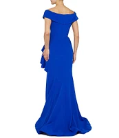 Terani Couture Off-the-Shoulder Short Sleeve Peplum Beaded Applique Mermaid Gown