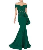 Terani Couture Off-the-Shoulder Short Sleeve Peplum Beaded Applique Mermaid Gown