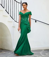 Terani Couture Off-the-Shoulder Short Sleeve Peplum Beaded Applique Mermaid Gown