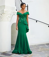 Terani Couture Off-the-Shoulder Short Sleeve Peplum Beaded Applique Mermaid Gown