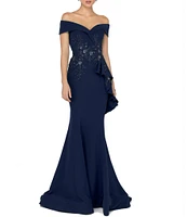 Terani Couture Off-the-Shoulder Short Sleeve Peplum Beaded Applique Mermaid Gown