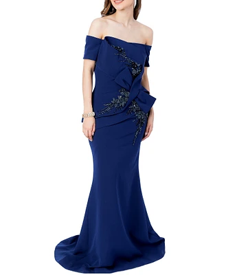 Terani Couture Off-The-Shoulder Short Sleeve Peplum Waist Mermaid Gown