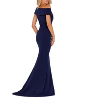 Terani Couture Off-the-Shoulder Short Sleeve Side Slit Cascading Leaf Bead Mermaid Gown