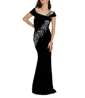 Terani Couture Off-the-Shoulder Short Sleeve Side Slit Cascading Leaf Bead Mermaid Gown