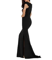 Terani Couture Off-the-Shoulder Short Sleeve Side Slit Cascading Leaf Bead Mermaid Gown