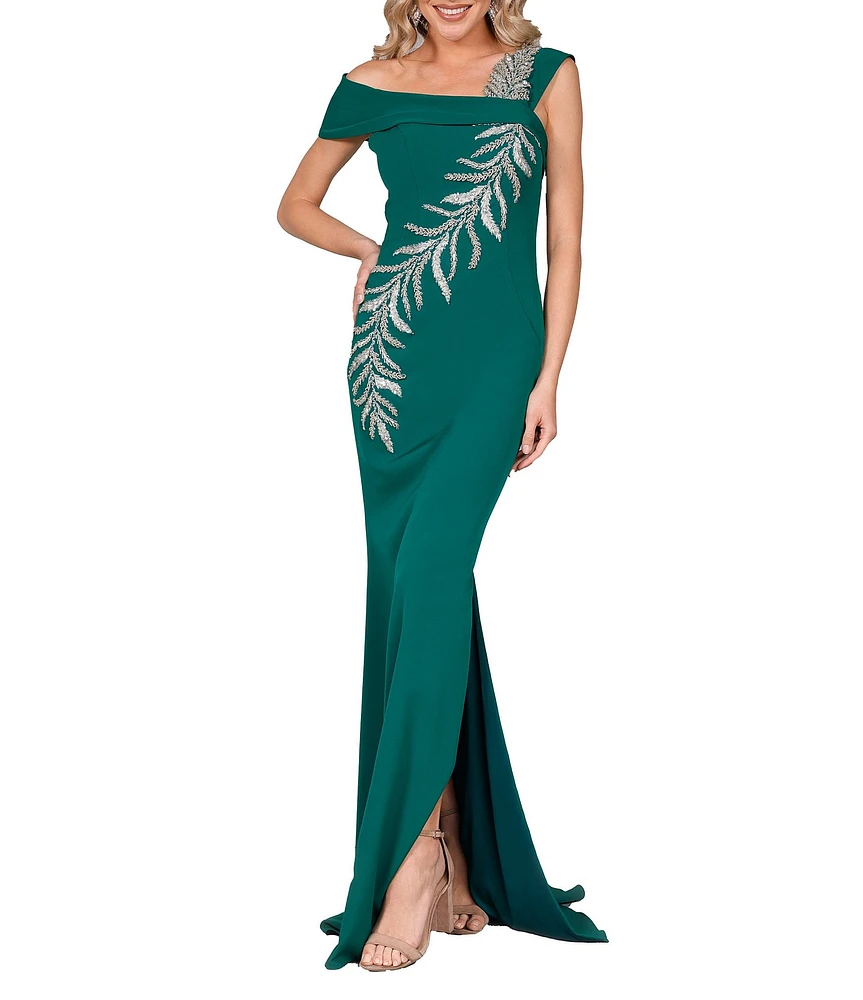 Terani Couture Off-the-Shoulder Short Sleeve Side Slit Cascading Leaf Bead Mermaid Gown