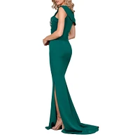 Terani Couture Off-the-Shoulder Short Sleeve Side Slit Cascading Leaf Bead Mermaid Gown