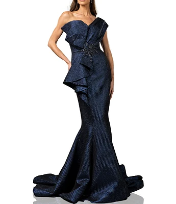Terani Couture One Shoulder 3D Ruffle Front Front Jacquard Mermaid Gown