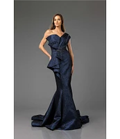 Terani Couture One Shoulder 3D Ruffle Front Front Jacquard Mermaid Gown