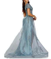 Terani Couture One Shoulder Short Puffed Sleeve Pleated Front Slit Embellished Mermaid Dress