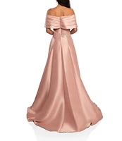 Terani Couture Pleated Off-the-Shoulder Waist Applique Ball Gown