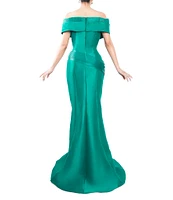 Terani Couture Pleated Off-the-Shoulder Short Sleeve Mermaid Gown