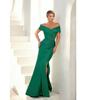 Terani Couture Pleated Off-the-Shoulder Short Sleeve Mermaid Gown